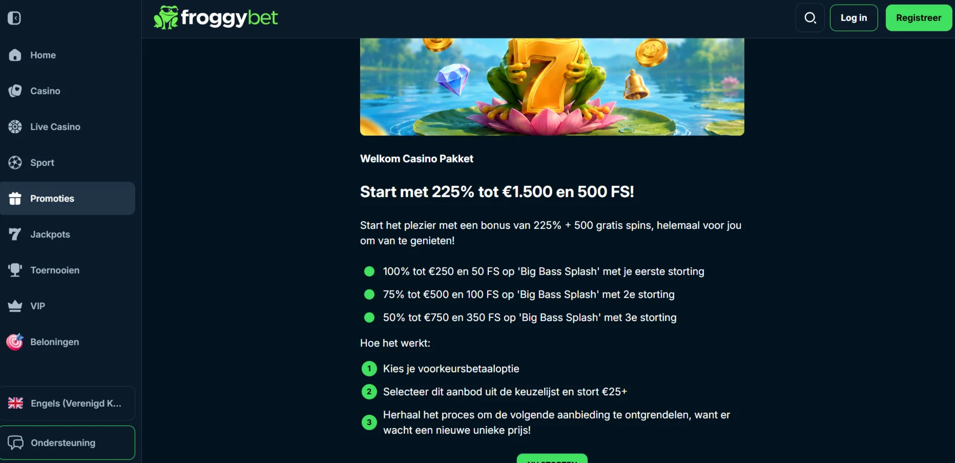 Actuele Froggybet-promotiekaart voor het Welcome Casino Package